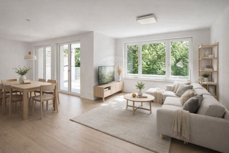 Digitale-Staging-Wohnzimmer Oberursel Etagenwohnung Naturnah & urban zugleich - 4-Zimmer-Wohnung mit Balkon & Aufzug